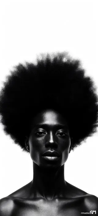 High contrast monochrome portrait of a black woman with voluminous afro hair against a white background.