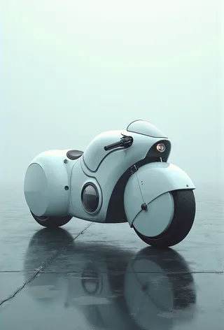 Side view of a white futuristic bulky motorbike with geometric and space-age design elements, set against a subdued atmospheric background with reflective floor.