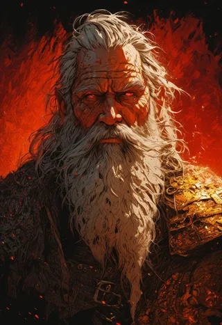 A vivid cinematic portrait of an elderly man with a rugged white beard, red glowing eyes, a molten golden scar across his face, and armor appearing to be made of bacon and metal, set against a fiery red background.
