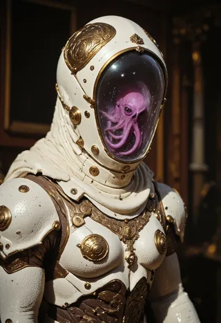 A heavy armored royal knight in pristine white armor with intricate gold details and a translucent fishbowl helmet containing a purple octopus inside, illuminated by cinematic volumetric lighting.