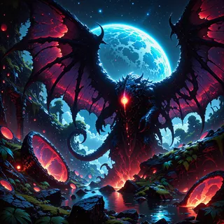 A dark, winged creature known as the accomplished gronklord with glowing fiery eyes prowls an alien jungle on a distant world beneath a luminous blue moon, surrounded by ancient overgrown ruins and glowing pools, in a highly detailed digital fantasy illustration.
