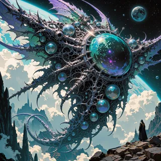 An elaborate and surreal floating creature called the ornate irklobber with iridescent gas bladders, flying above clouds on the tempestuous alien planet Furyon IX with sharp rocky terrain and a distant figure observing.