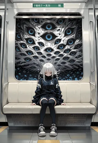 White-haired girl sitting on a subway bench with an abstract backdrop filled with numerous large blue eyes creating a surreal atmosphere.