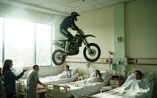Un pilote de motocross en équipement complet saute une moto au-dessus de lits d'hôpital occupés tandis que les patients applaudissent dans une salle d'hôpital avec un effet de grain de film.