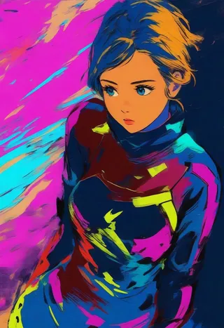Vibrant Cyberpunk comic book style colored sketch of a girl in a bodysuit with an abstract pink and blue background, looking away from above.