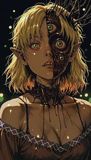 Surreal manga style portrait of a blonde woman with green eyes, split face showing grotesque third eye and blood splatter on dark background.