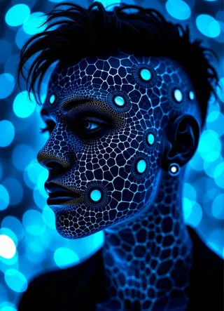 Hyperrealistic image of a man's head covered in a neon spider web pattern with trypophobia hole details and multiple piercing earrings, set against a blue bokeh background.