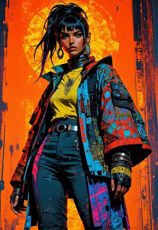 Digital illustration of a cyberpunk woman wearing vibrant neon streetwear with a high ponytail against a bright orange background with runic patterns.