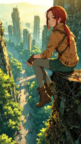 Anime-style illustration of a young woman with auburn hair sitting on the edge of a crumbling skyscraper overlooking a post-apocalyptic city overtaken by lush greenery and sunlight.