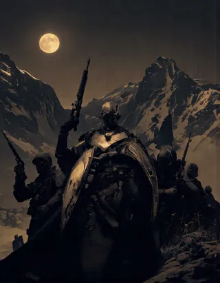 A humanoid robot wearing futuristic armor and helmet stands holding a gun and shield, surrounded by soldiers in a dark mountain landscape under a bright full moon.