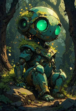 A gemstone golem with cracked crystalline blue-green armor slowly awakening in a forest, covered with moss and small yellow flowers, glowing emerald eyes illuminated by dawn light.