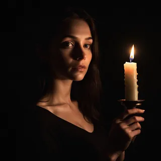 Portrait of a woman holding a lit candle against a pitch black background, softly illuminated by the warm candlelight.