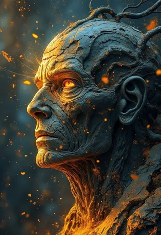 Uma estátua de pedra rachada e desgastada de um rosto com olhos alaranjados brilhantes, entrelaçada com galhos de árvores e brasas brilhantes flutuando ao redor.