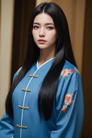 Photorealistic image of a woman with long black straight hair wearing blue traditional Chinese clothes with floral embroidery, standing in a softly lit indoor setting.
