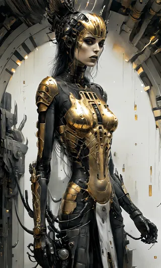 A cyberpunk-themed humanoid figure wearing an elegant black dress with intricate gold armor plating, inspired by H.R. Giger and sci-fi aesthetics, set in a dark, mechanical environment.