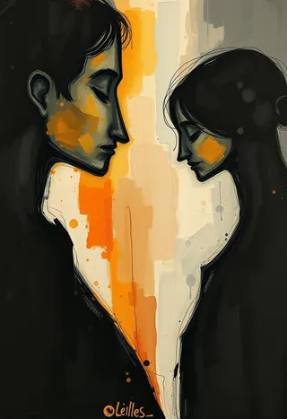 Expressionist portrait of two elongated figures with bold black outlines and muted tones, set against a textured painterly background with subtle lighting and a melancholic atmosphere.