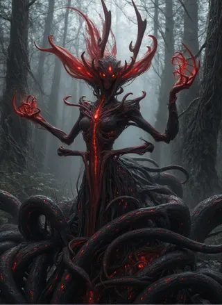 A dark eldritch abomination monster girl with glowing red eyes and sharp claws, surrounded by black tentacles, standing in a misty dark forest.