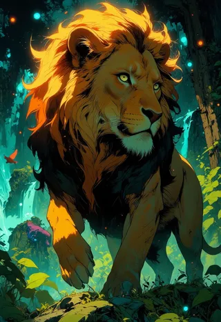 Close-up of a majestic lion with a glowing golden mane standing in a dense jungle with a waterfall and vibrant foliage in anime style.