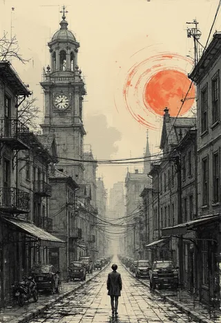 Charcoal and ink wash drawing of a solitary figure walking down a monochromatic urban street with vintage architecture, under a surreal red sun in the sky.