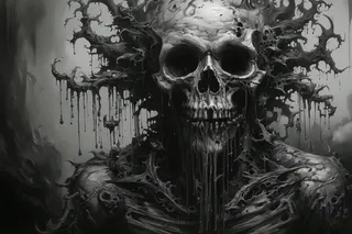 A detailed gothic-style charcoal drawing depicting a haunting skull figure emerging from a toxic waste spill, with dark, dripping, ornate and mysterious elements.