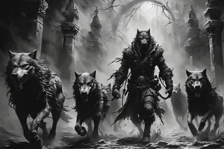 Charcoal drawing of a dark gothic scene showing a figure with a wolf head leading a pack of wolves through a misty, mysterious ruin with ornate columns.