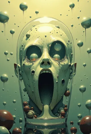 A surreal sculpture of a head with hollow eyes and an open mouth screaming, encased in glass with floating spheres around, under atmospheric lighting.
