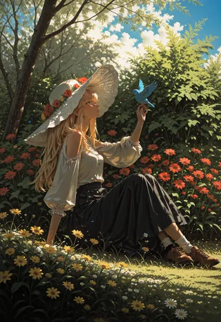 A blonde girl wearing a large white hat adorned with red flowers, sitting in a lush garden surrounded by yellow and red flowers, gently holding a blue bird on her finger under dappled sunlight.