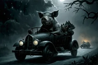 A dark gothic fantasy scene depicting a large pig driving an old car with smaller pig-like creatures as passengers, set on a misty road under a moody sky with barren twisted trees.