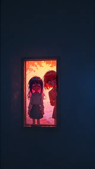 Two girls seen through a small window, one with a worried expression and the other with an evil grin, illuminated by vivid warm sunset colors in toon style with split lighting.