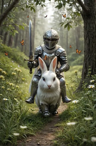 A knight in full silver armor holding a sword sits astride a large white rabbit on a forest path surrounded by green foliage and butterflies.