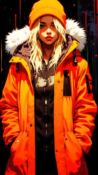 Anime-style illustration of a young woman with long blonde hair wearing an orange parka with a fur-lined hood and matching orange beanie against a dark background.