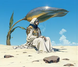A futuristic figure in white flowing robe with blue scarf sitting in a sandy desert landscape, shaded by a large metallic flower structure, under a vibrant blue sky with holographic projections.