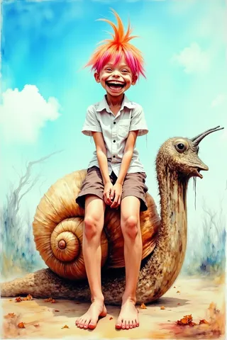 A young girl with bright orange and pink mohawk, wearing a white button-up shirt and brown shorts, barefoot and smiling widely while sitting on a giant realistic snail under a sunny blue sky.