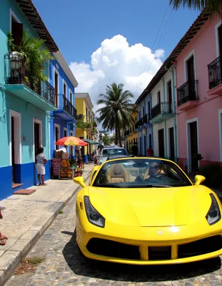 Yellow Ferrari 488 Spider driving through a vibrant Caribbean town with colorful colonial-style buildings, cobblestone street, and palm trees under a bright blue sky.