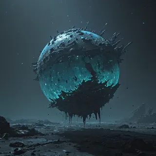 Dark, eerie floating debris from a destroyed planet with a glowing bioluminescent core hovering in space over a barren rocky landscape, rendered in HDR and 4K.