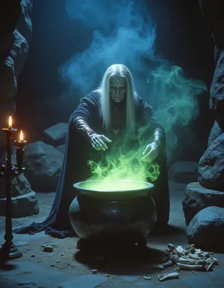 Old grey-skinned witch stirring a cauldron emitting green and blue smoke inside a dark cavern with lit candles and bones scattered on the ground.