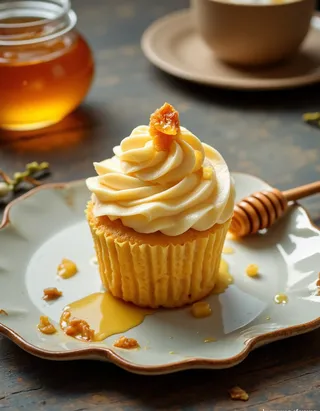 Cupcake al miele coperto con glassa al burro setosa e pezzo di favo su un piatto artigianale di ceramica con sciroppo di miele e un bastoncino per miele in legno accanto