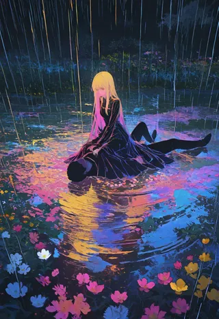 A girl with long blonde hair sits on a man's face in the rain surrounded by colorful flowers and water with vivid reflections and ripples.