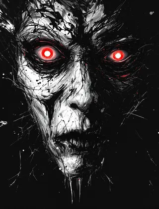 Abstract dark horror face with glowing red eyes surrounded by chaotic black and white grunge textures