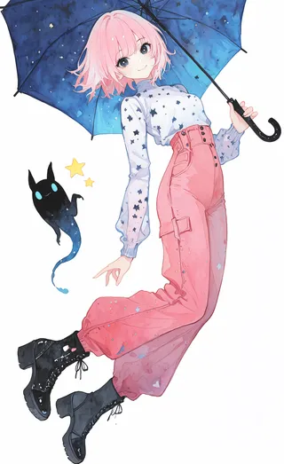 별로 장식된 파란 우산을 들고 별 무늬 상의와 하이웨이스트 분홍 바지를 입은 분홍머리 소녀의 수채화 스타일 일러스트, 별이 박힌 귀여운 검은 생물과 함께.