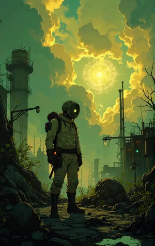 A lone figure in a worn protective suit stands in a dystopian wasteland with industrial ruins and glowing alien vegetation under an eerie golden-green sky.