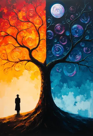 Surreal oil painting featuring a fantastical tree divided into vibrant fiery orange sunset side and deep blue moonlit night side with swirling patterns, a silhouette figure stands beneath.