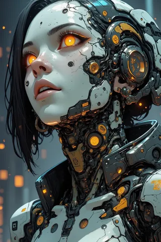 Close-up of a cybernetic woman with liquid marble white skin and glowing yellow-orange mechanical eyes, wearing a carbon fiber exosuit with intricate glowing runes in a futuristic lab.