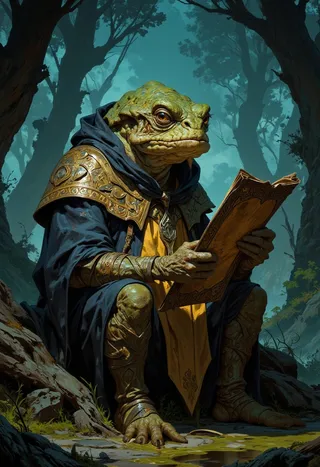 Detailed full-body digital painting of a wrinkly wizard toad in ornate armor reading an ancient scroll while sitting in a mystical swamp.