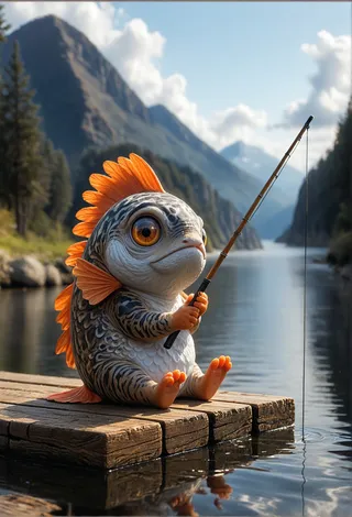 A charming cartoonish fish with orange fins sitting on a wooden pier by a calm mountain lake, holding a fishing rod under a clear blue sky.
