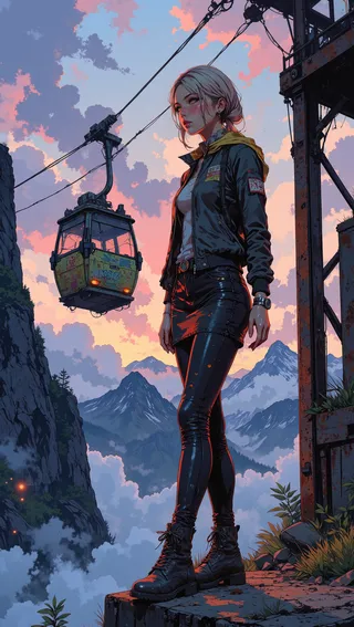 Anime-style young woman with platinum-blonde hair stands on a rusted mountain cable car station edge during sunset, surrounded by fog and distant mountain peaks.