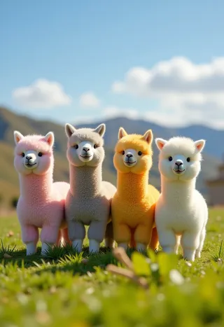 Four fluffy toy alpacas in pink, gray, orange, and white standing side by side on green grass under a sunny blue sky with mountains in the background.