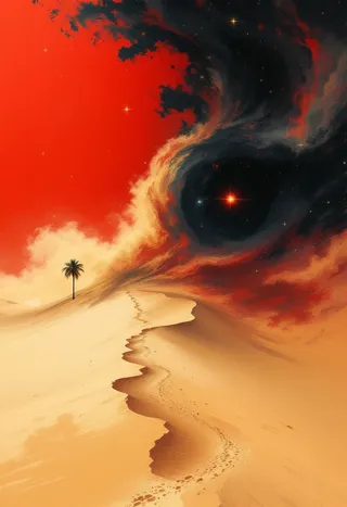Digital space-themed art showing a dusty sand dune with footsteps and a lone palm tree, under a red sky filled with swirling trippy spirals and a galactic hidden face formed by stars and galaxies.