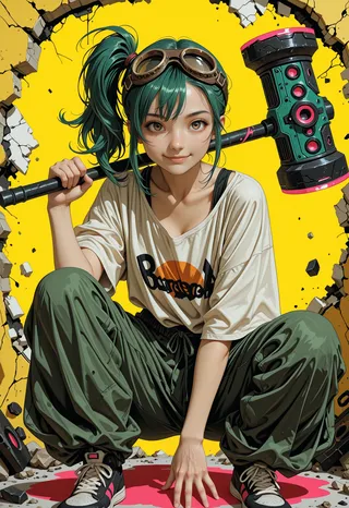 Anime-style portrait of a confident green haired girl with goggles on her head, holding a large hammer over her shoulder, sitting in front of a broken wall with a bright yellow background.