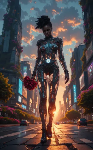 A cyborg girl with a transparent mechanical body walks through a futuristic city street at sunset, holding a bouquet of red roses, surrounded by tall buildings with bioluminescent plants and vibrant urban lighting.